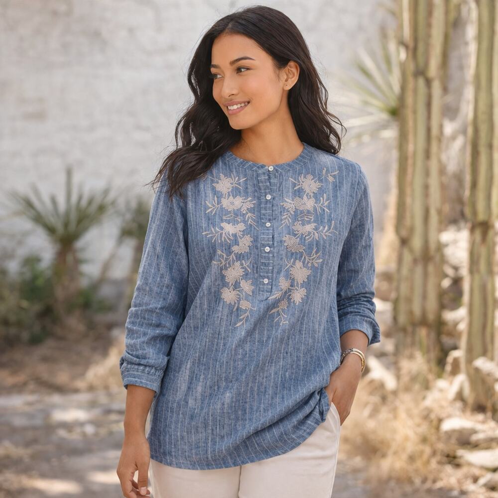 Pure Jill Indigo Women's SZ M 100% Cotton Striped Embroidered Tunic In Blue